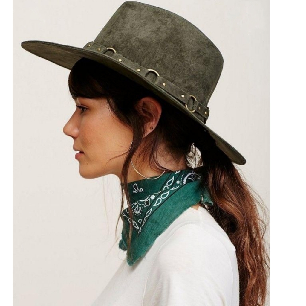 Free People Monroe Green Suede Flat Brim Hat